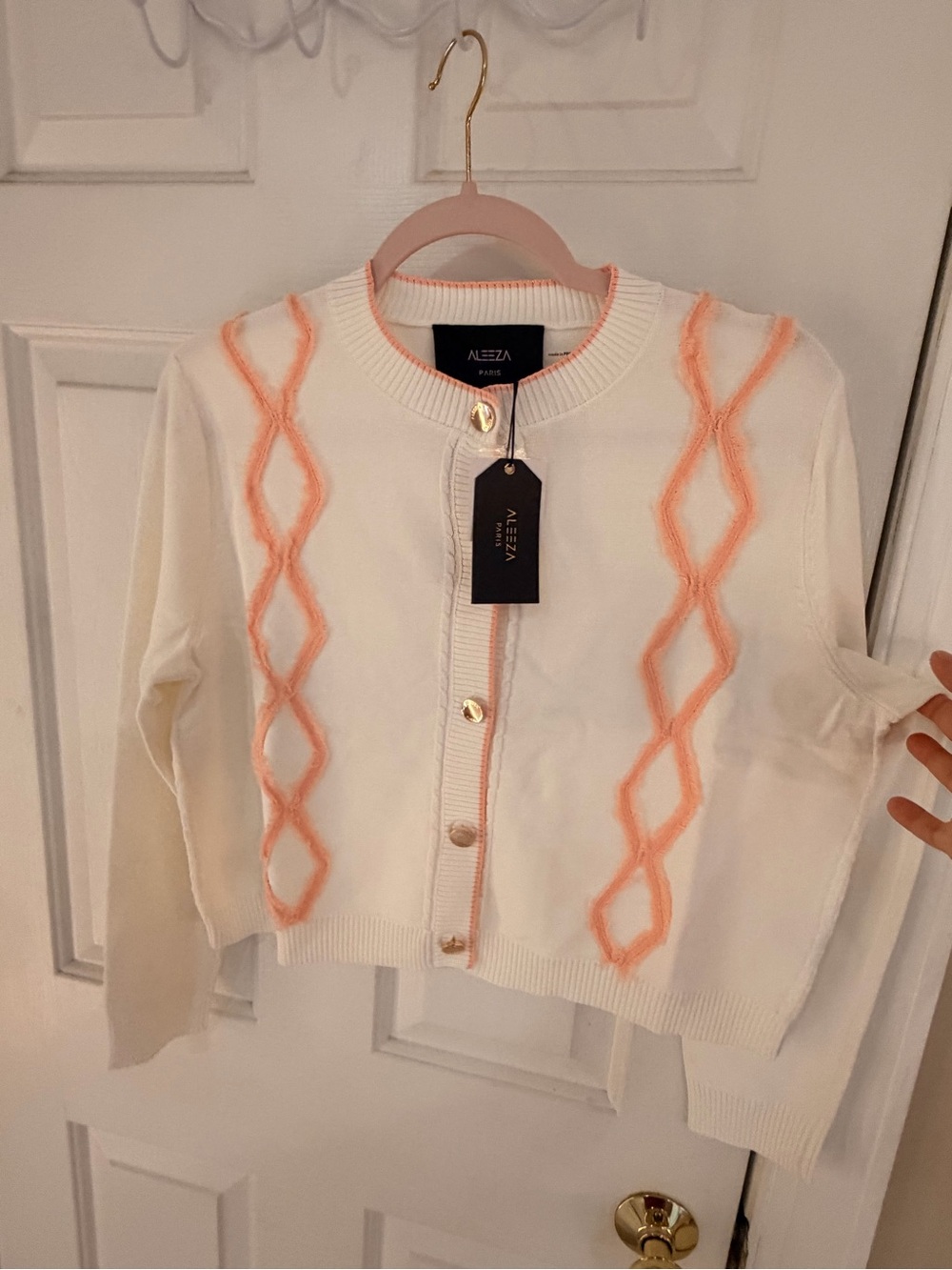 Aleeza Cream Cardigan with Peach Diamond Trim